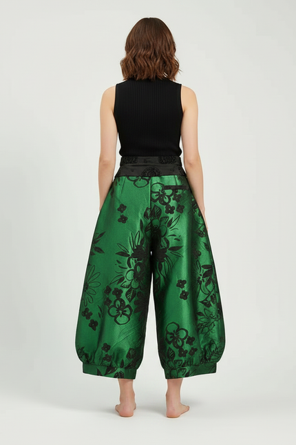 Pantalon Chinois Vert Satin Ample Imprimé Floral Élégant - vue 2