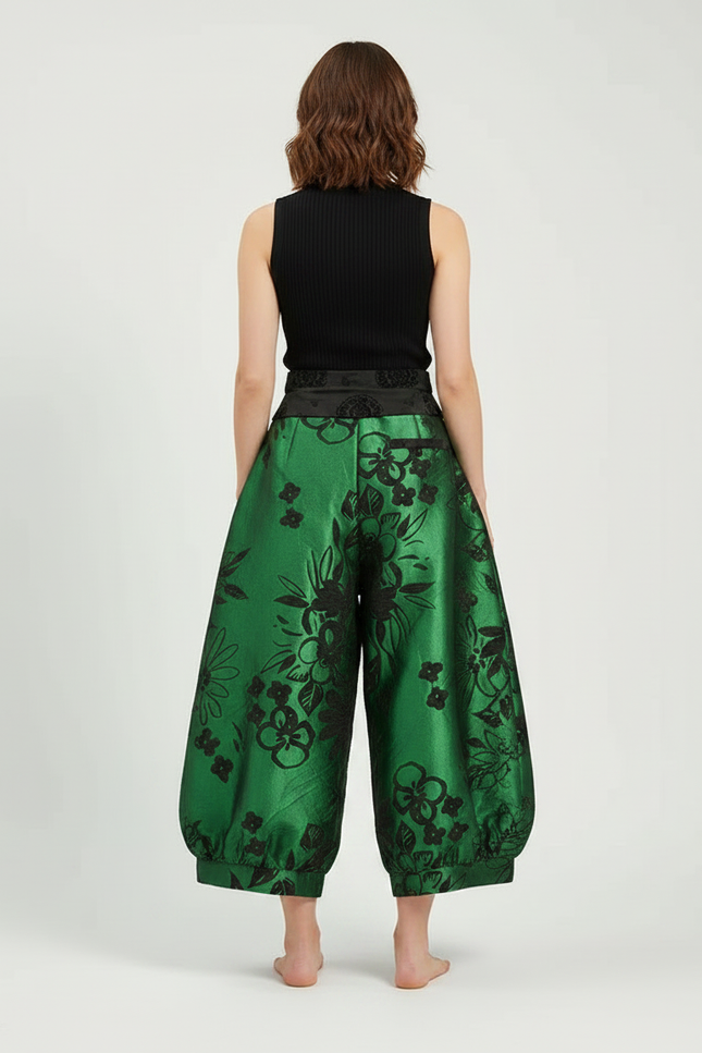 Pantalon Chinois Vert Satin Ample Imprimé Floral Élégant - vue 2