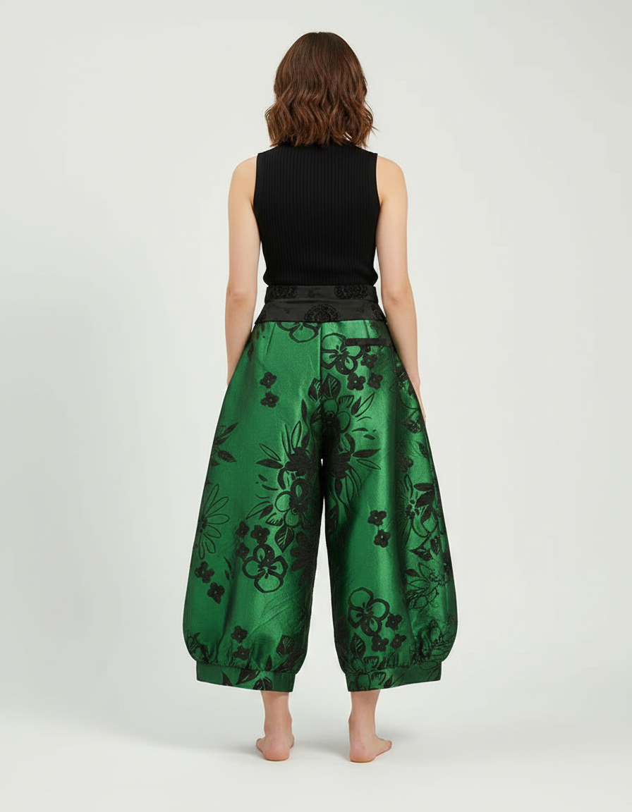 Pantalon Chinois Vert Satin Ample Imprimé Floral Élégant - vue 2