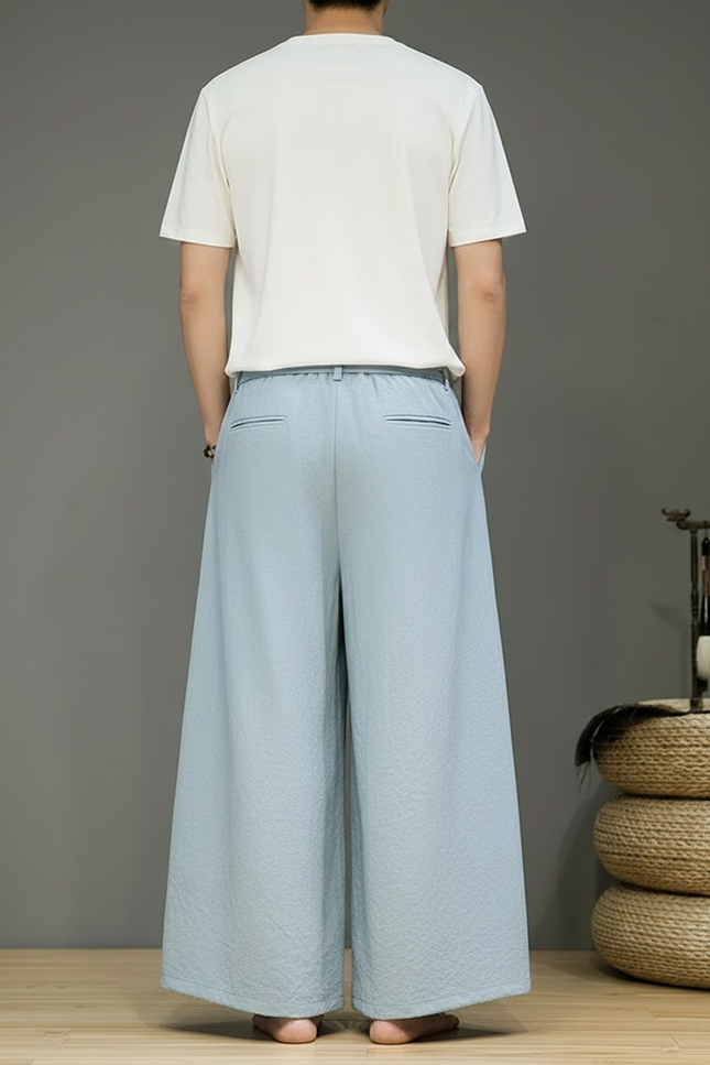 Pantalon Chinois Bleu Ciel Ample Lin Brodé Homme - vue 2
