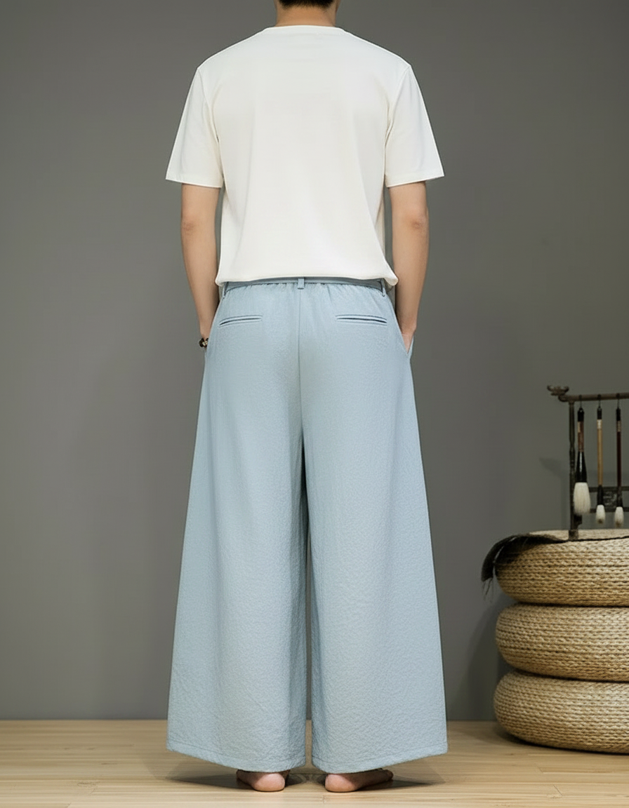 Pantalon Chinois Bleu Ciel Ample Lin Brodé Homme - vue 2