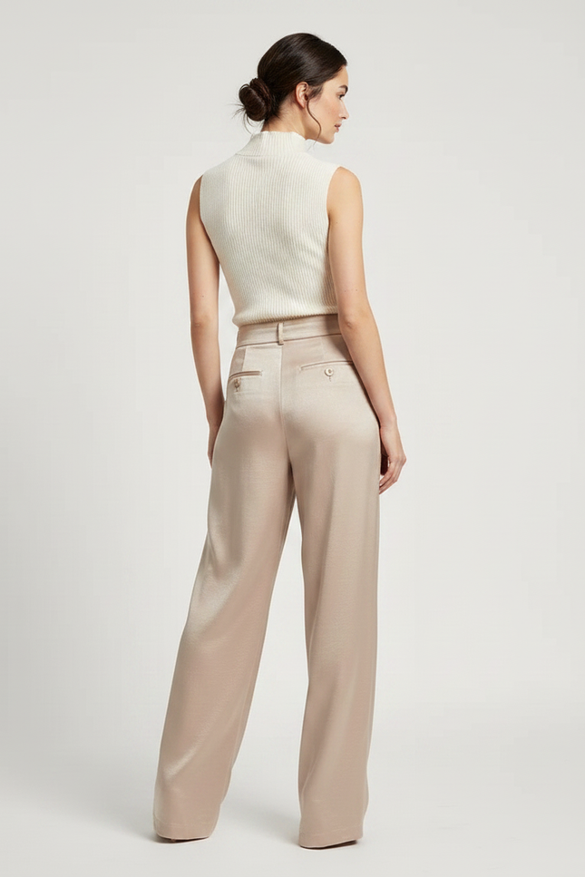Pantalon Chinois Fluide Satin Beige Ample Élégant - vue 2