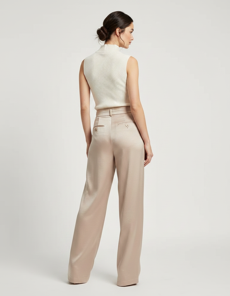 Pantalon Chinois Fluide Satin Beige Ample Élégant - vue 2
