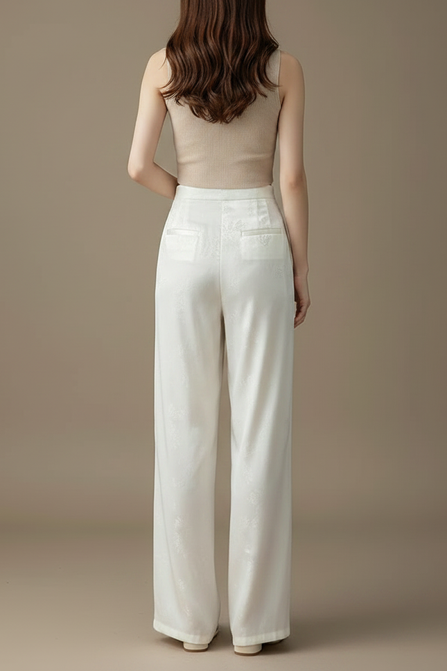 Pantalon Chinois Blanc Satin Jacquard Ample Femme - vue 2