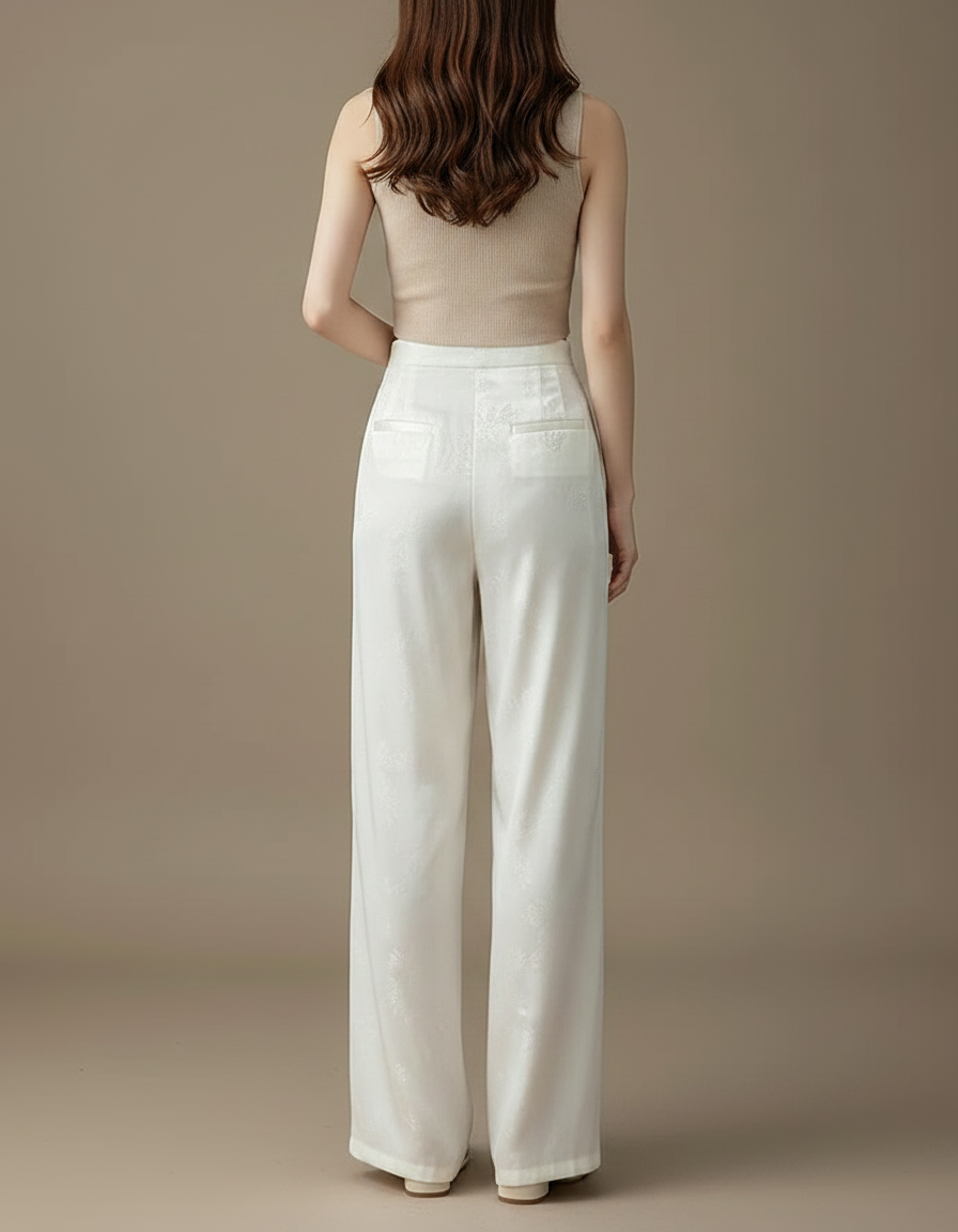 Pantalon Chinois Blanc Satin Jacquard Ample Femme - vue 2