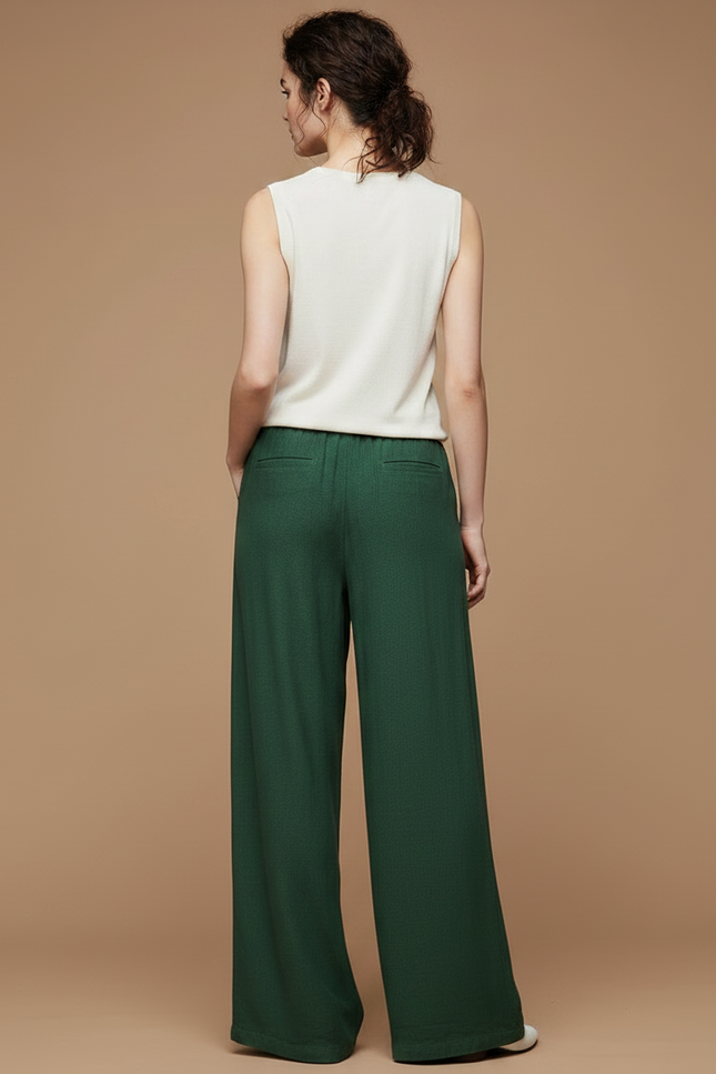Pantalon Chinois Vert Ample Fluide Cordon Lin - vue 2