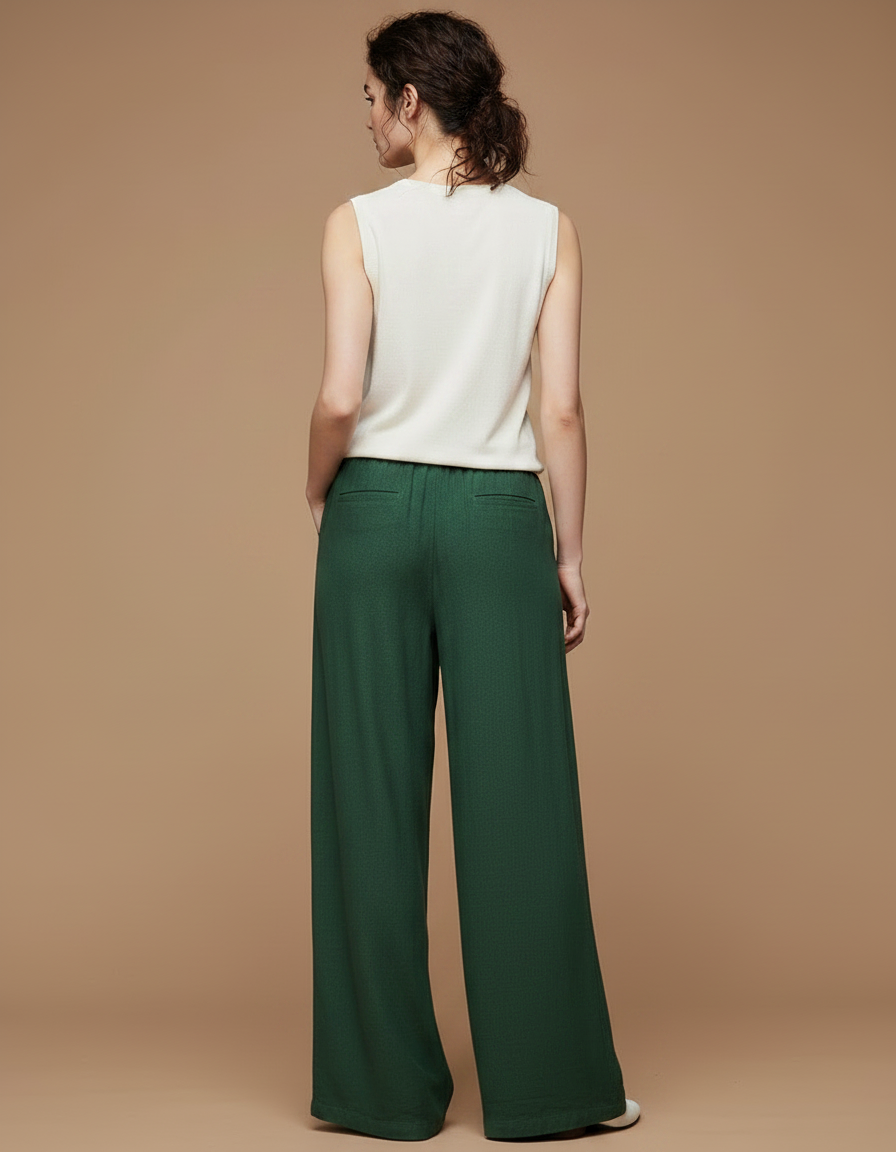 Pantalon Chinois Vert Ample Fluide Cordon Lin - vue 2
