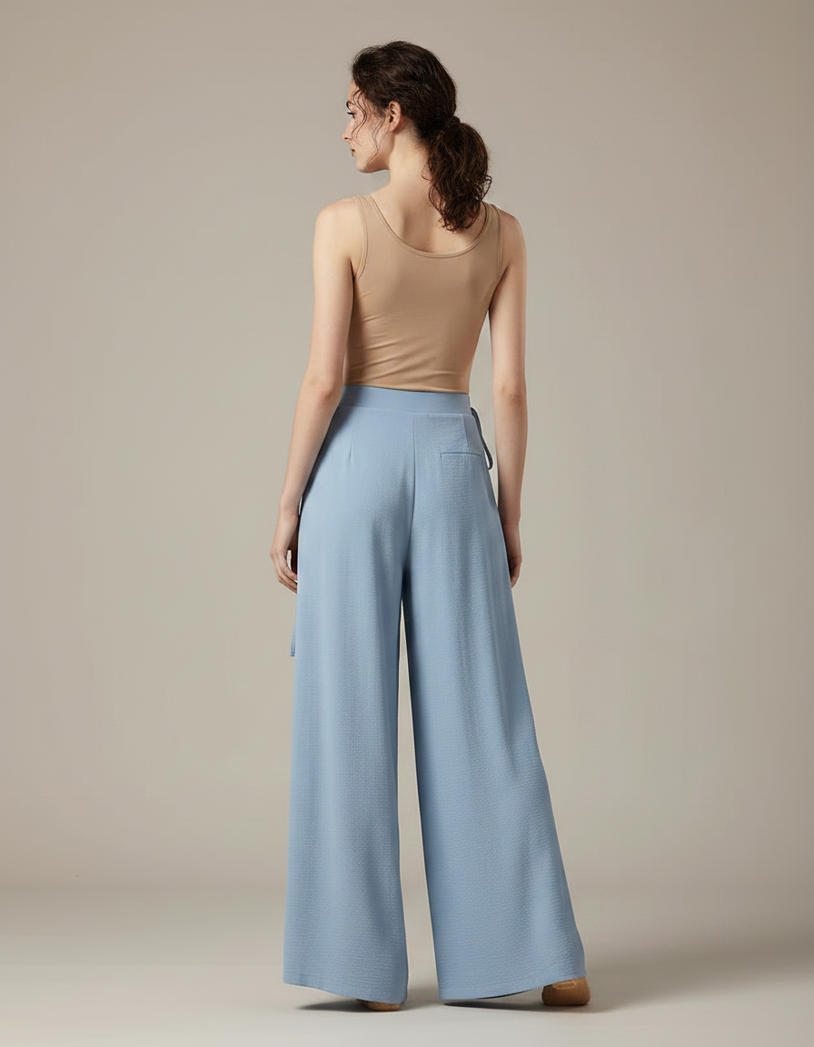Pantalon Chinois Bleu Ciel Fluide Plissé Ample Femme - Viscose - vue 2