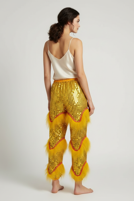 Pantalon Chinois Jaune Pailleté Ample Fourrure Fantaisie - Polyester - vue 2