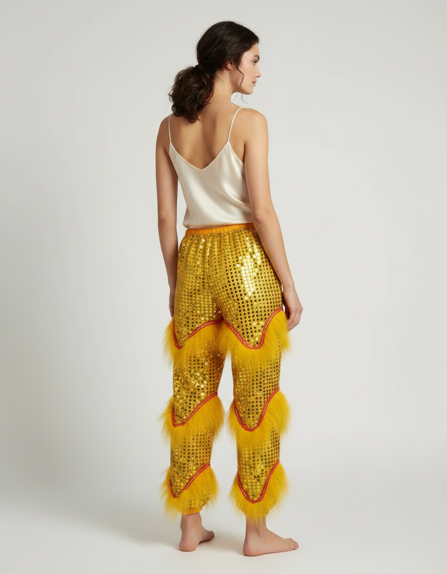 Pantalon Chinois Jaune Pailleté Ample Fourrure Fantaisie - Polyester - vue 2