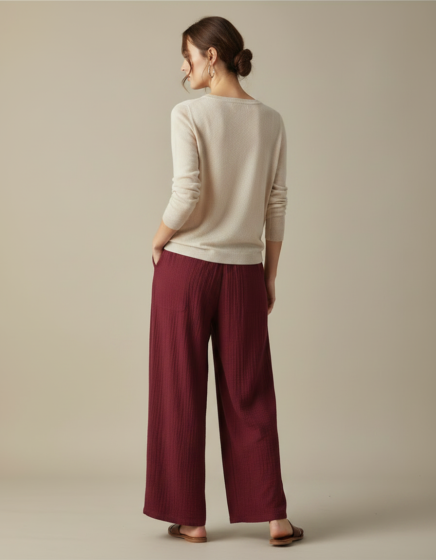 Pantalon Chinois Bordeaux Ample Coton Fluide Décontracté - vue 2