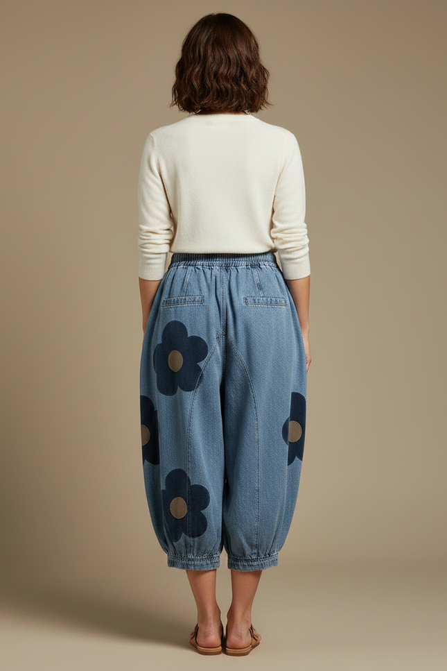 Pantalon Chinois Denim Fleuri Ample Bouffant Femme - Bleu Jean - vue 2