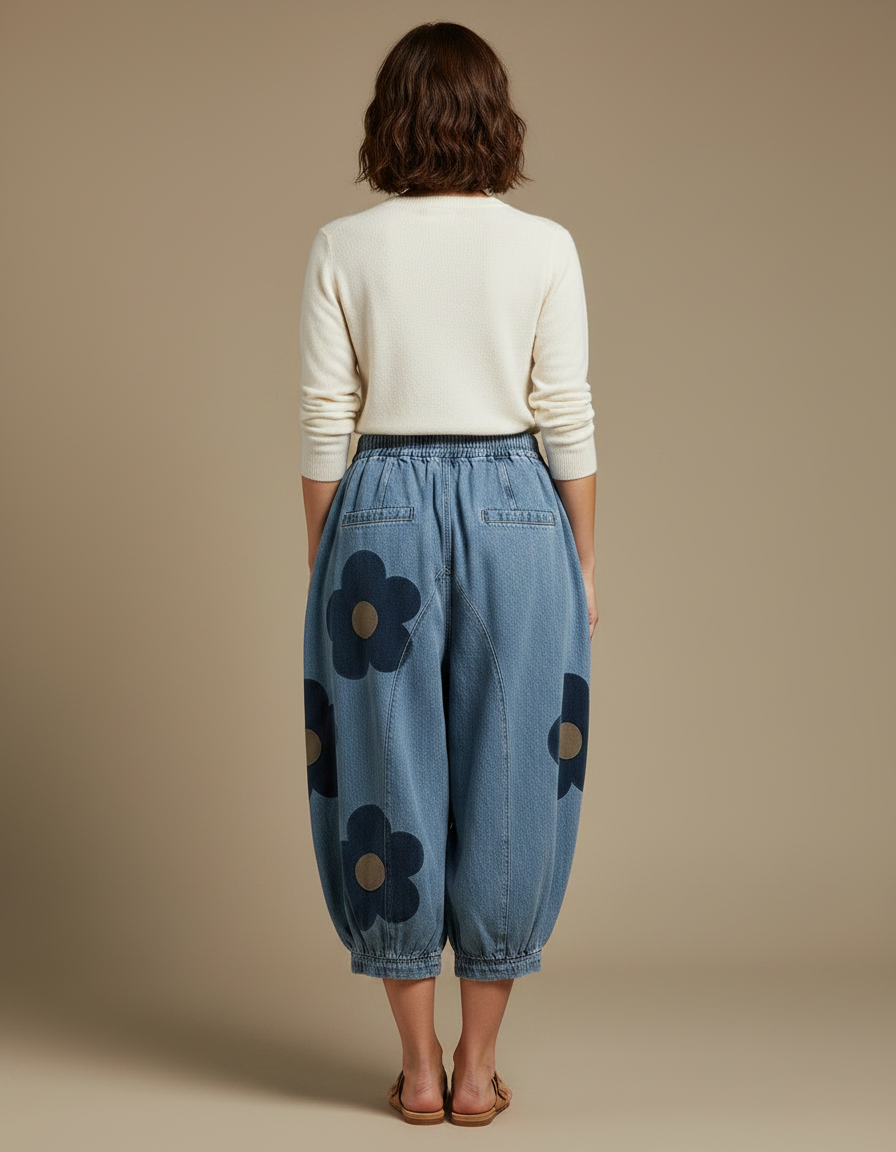 Pantalon Chinois Denim Fleuri Ample Bouffant Femme - Bleu Jean - vue 2