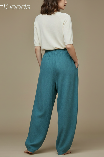 Pantalon Chinois Ample Coton Lin Bleu Canard Décontracté - vue 2