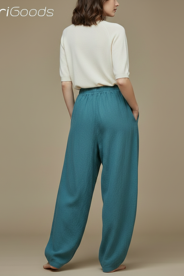Pantalon Chinois Ample Coton Lin Bleu Canard Décontracté - vue 2