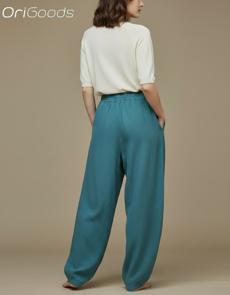 Pantalon Chinois Ample Coton Lin Bleu Canard Décontracté - vue 2