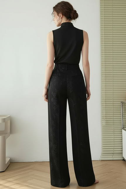 Pantalon Chinois Noir Satin Brodé Ample Élégant Femme - vue 2