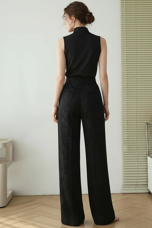 Pantalon Chinois Noir Satin Brodé Ample Élégant Femme - vue 2