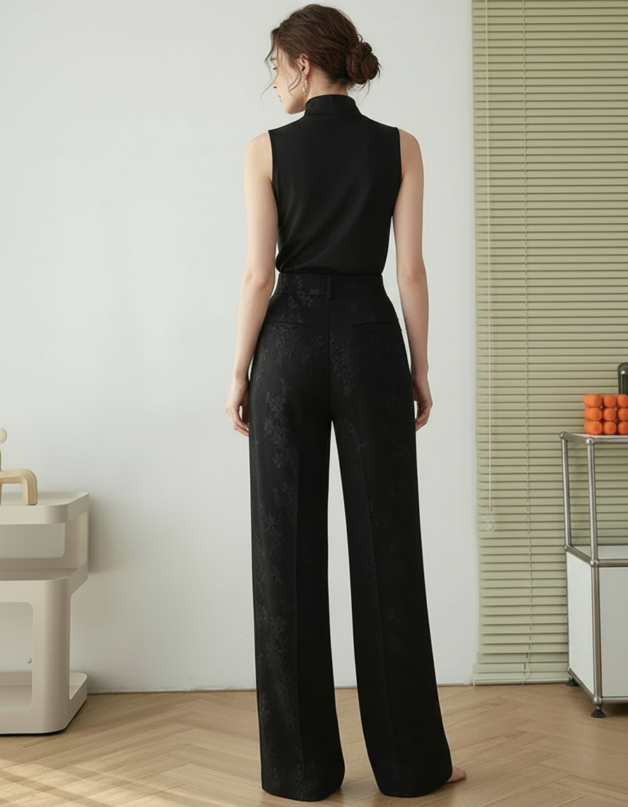 Pantalon Chinois Noir Satin Brodé Ample Élégant Femme - vue 2