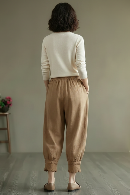 Pantalon Chinois Harem Coton Lin Brodé Ethnique - Camel - vue 2