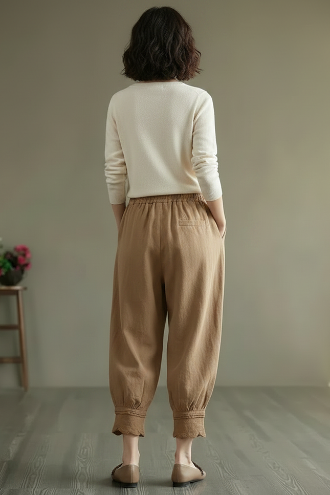Pantalon Chinois Harem Coton Lin Brodé Ethnique - Camel - vue 2