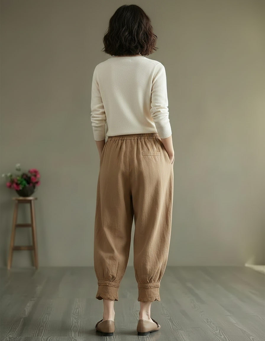 Pantalon Chinois Harem Coton Lin Brodé Ethnique - Camel - vue 2