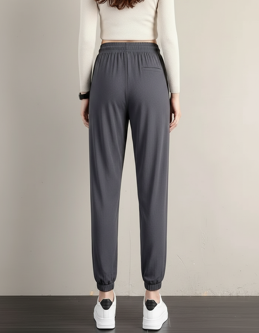 Pantalon Chinois Gris Fluide Cordon Chevilles Élastiquées - Maille - vue 2