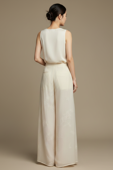 Pantalon Chinois Crème Fluide Brodé Large Élégant - Beige Soie - vue 2