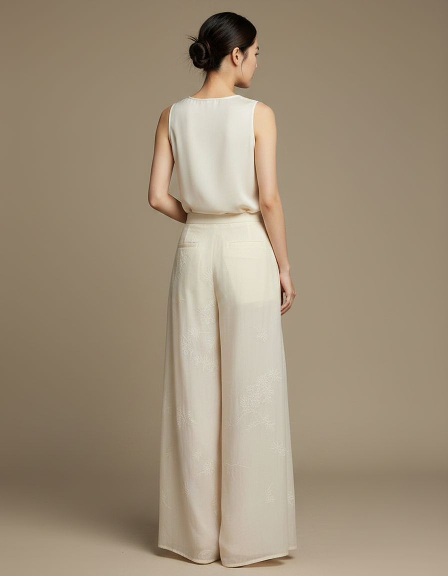 Pantalon Chinois Crème Fluide Brodé Large Élégant - Beige Soie - vue 2