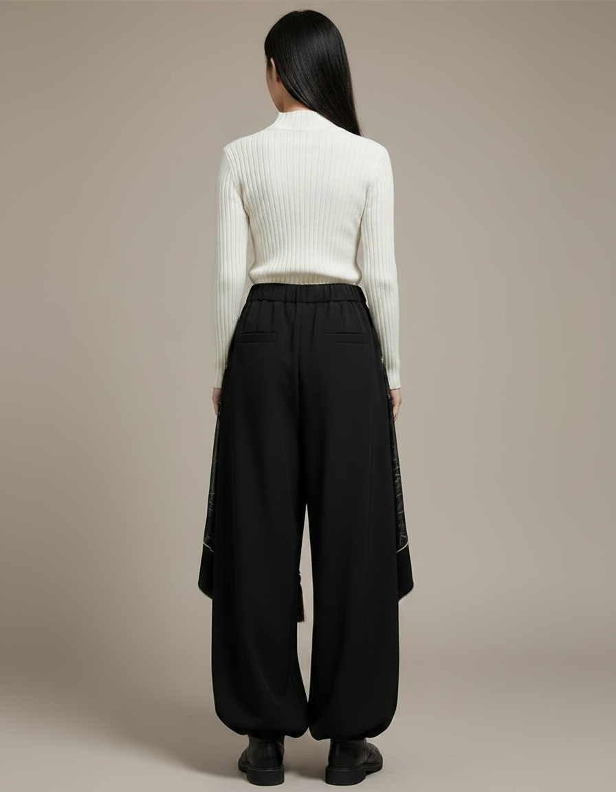Pantalon Chinois Noir Ample Motifs Dragon Hanfu - Polyester - vue 2