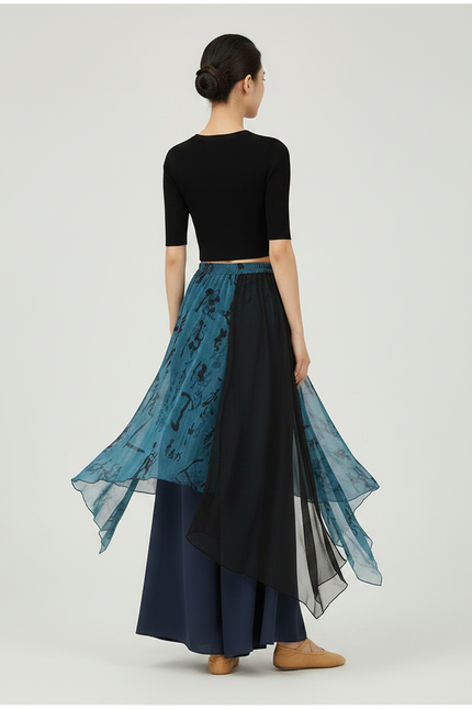 Pantalon Chinois Bleu Gaze Irrégulier Jupe Fluide Femme - Marine Viscose - vue 2