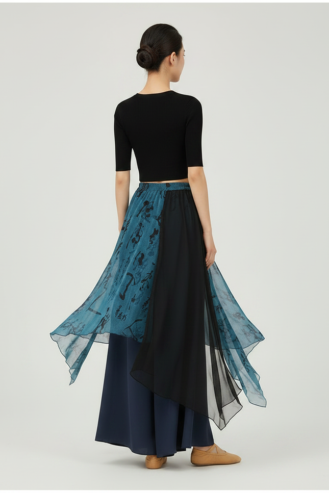 Pantalon Chinois Bleu Gaze Irrégulier Jupe Fluide Femme - Marine Viscose - vue 2