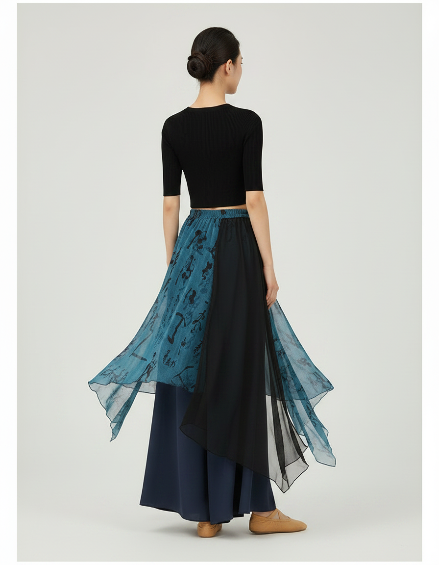 Pantalon Chinois Bleu Gaze Irrégulier Jupe Fluide Femme - Marine Viscose - vue 2