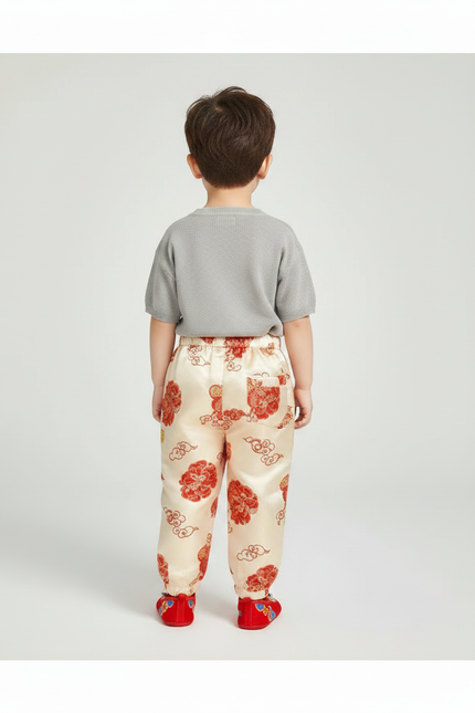 Pantalon Chinois Satin Beige Motif Rouge Enfant - vue 2