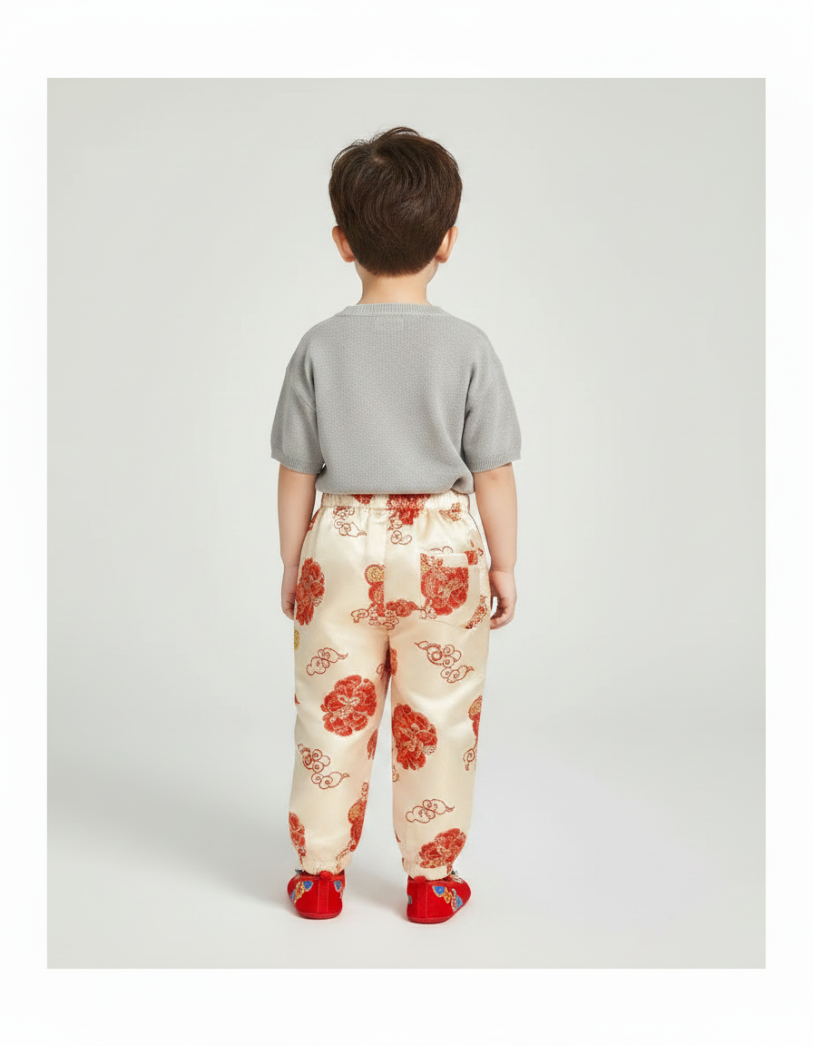 Pantalon Chinois Satin Beige Motif Rouge Enfant - vue 2