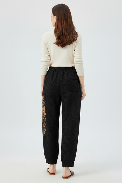 Pantalon Chinois Noir Ample Brodé Décontracté Femme - Coton - vue 2