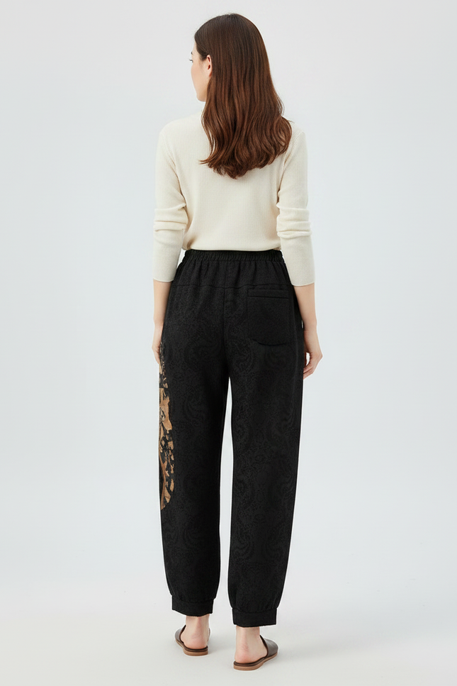 Pantalon Chinois Noir Ample Brodé Décontracté Femme - Coton - vue 2