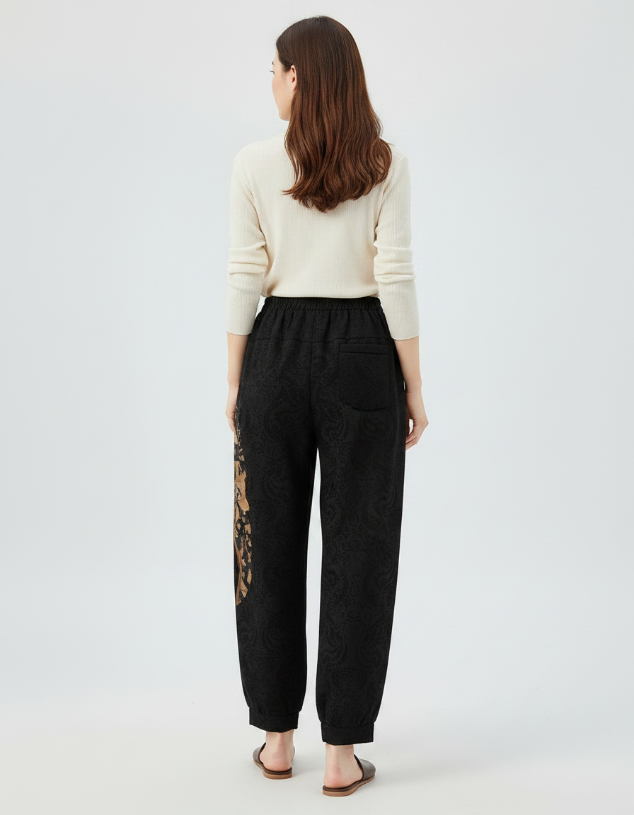 Pantalon Chinois Noir Ample Brodé Décontracté Femme - Coton - vue 2