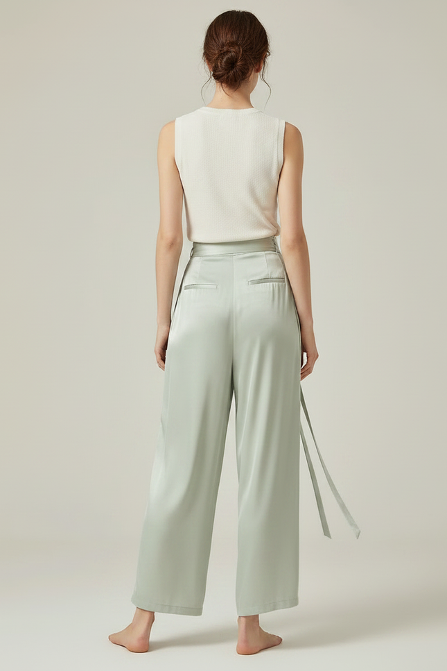 Pantalon Chinois Vert Satiné Ample Fluide Élégant - vue 2