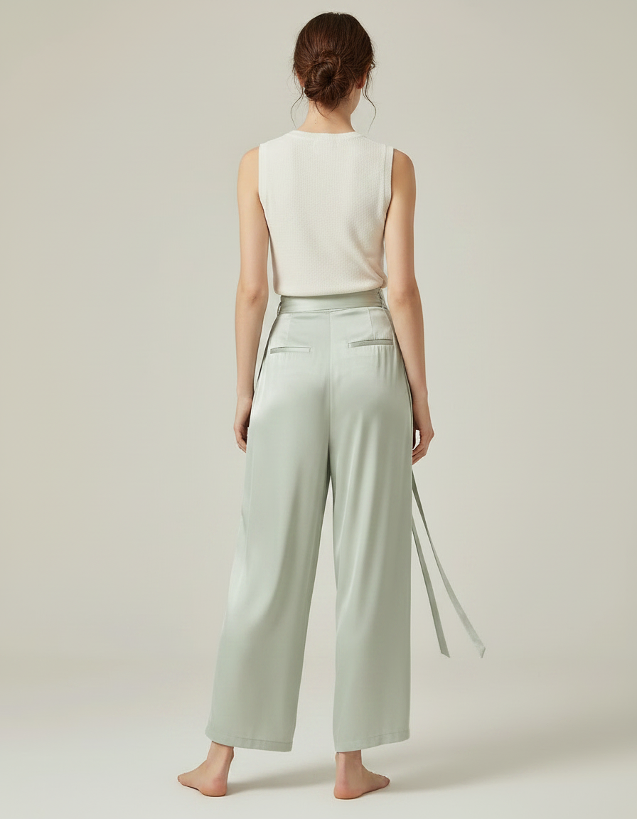 Pantalon Chinois Vert Satiné Ample Fluide Élégant - vue 2