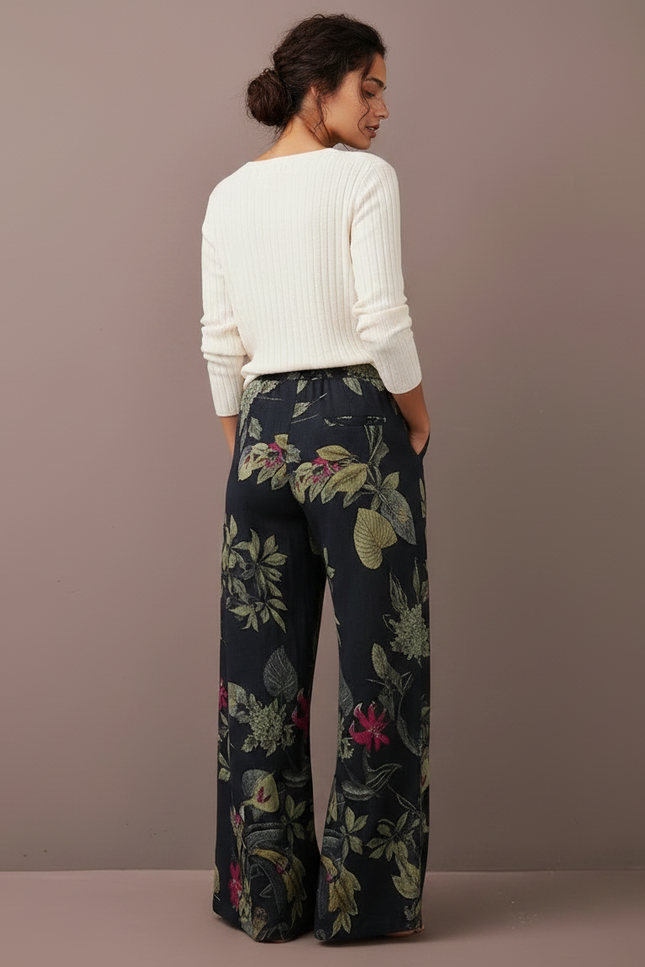 Pantalon Chinois Noir Ample Fleuri Fluide Cordon - Viscose - vue 2