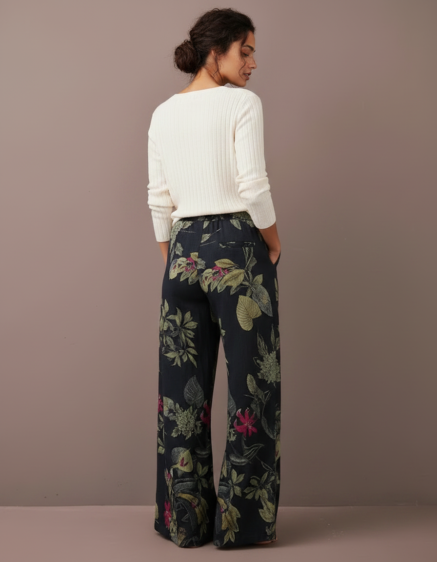 Pantalon Chinois Noir Ample Fleuri Fluide Cordon - Viscose - vue 2