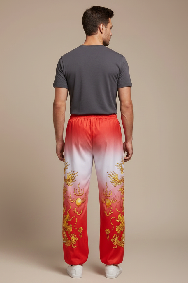 Pantalon Chinois Dégradé Rouge Dragon Doré Ample - Polyester - vue 2