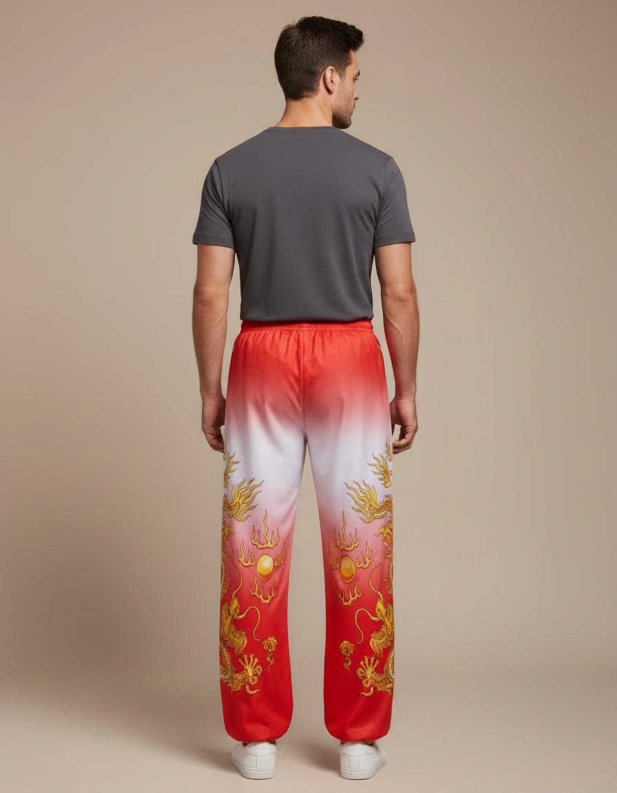 Pantalon Chinois Dégradé Rouge Dragon Doré Ample - Polyester - vue 2