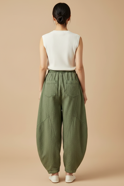 Pantalon Chinois Vert Ample Coton Lin Harem Décontracté - vue 2