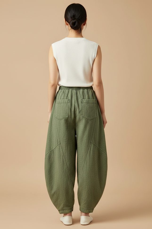 Pantalon Chinois Vert Ample Coton Lin Harem Décontracté - vue 2