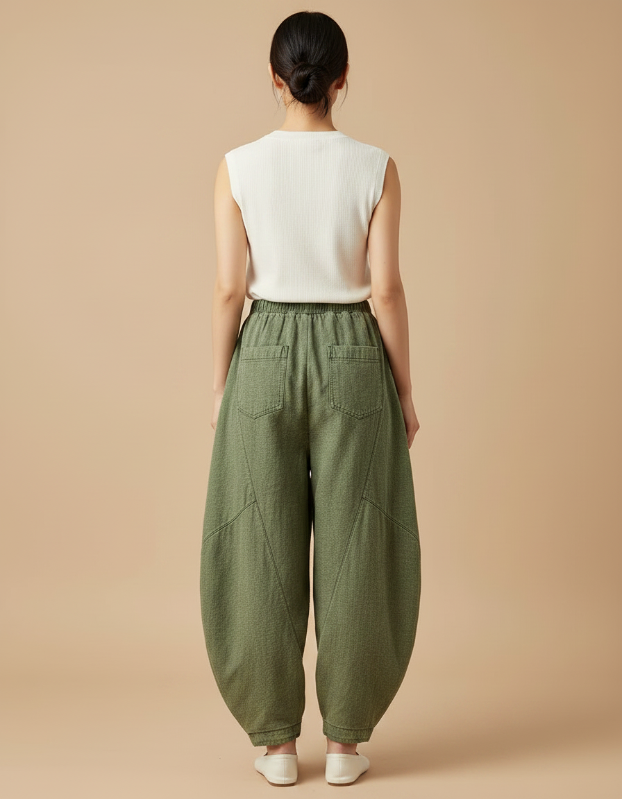 Pantalon Chinois Vert Ample Coton Lin Harem Décontracté - vue 2