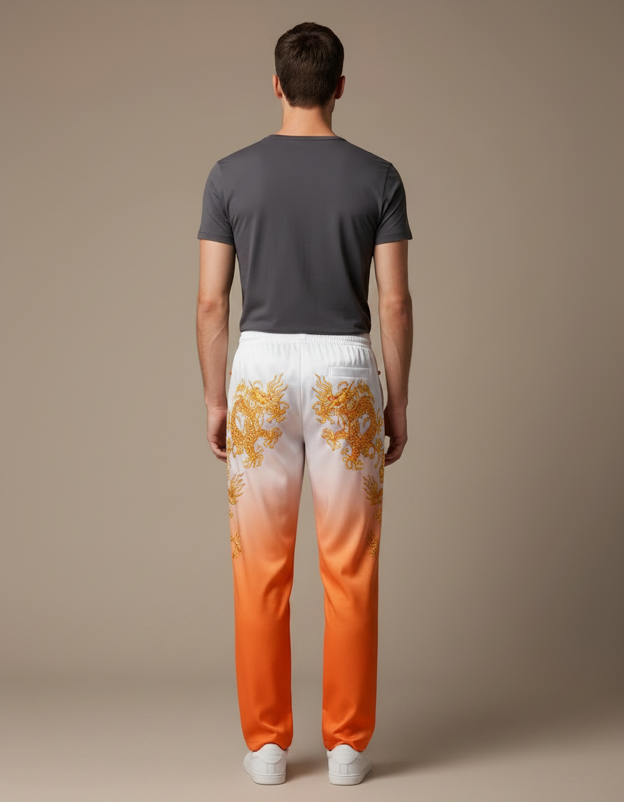 Pantalon Chinois Dégradé Orange Dragon Doré Satiné Homme - vue 2