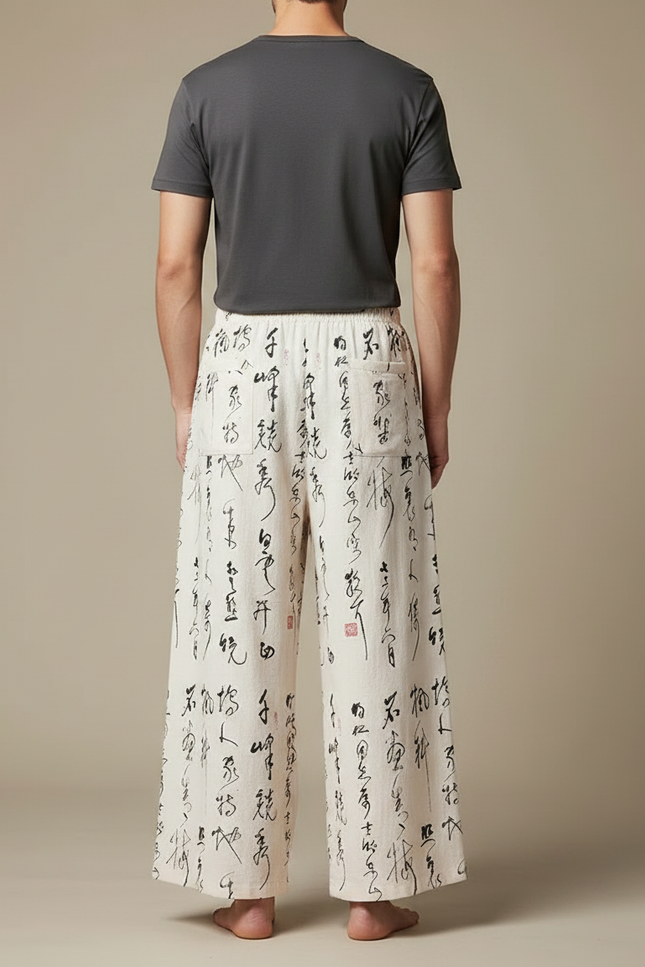 Pantalon Chinois Écru Ample Calligraphie Noire Homme - Beige Lin - vue 2