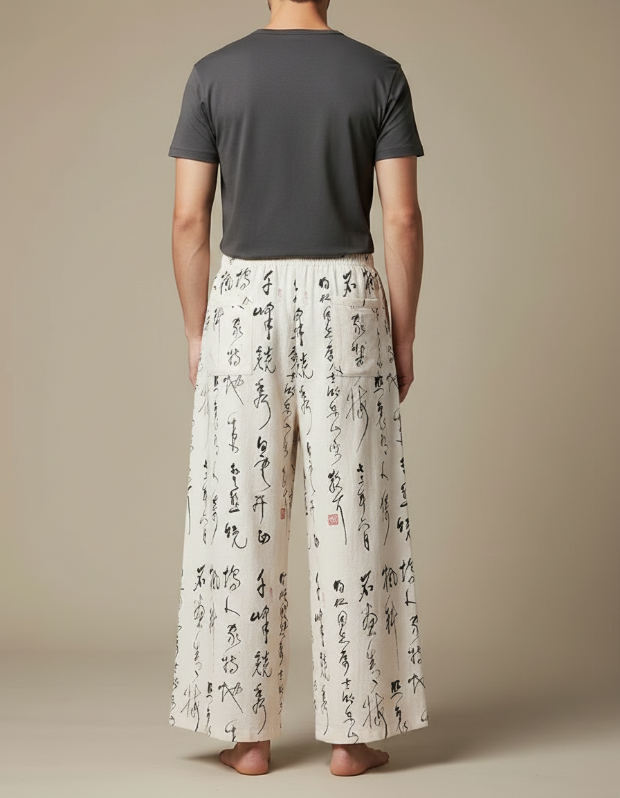 Pantalon Chinois Écru Ample Calligraphie Noire Homme - Beige Lin - vue 2